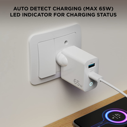 boAt 65 W Dual Port Gan All in 1 Charger with Smart Ic Protection, Auto Detectionwith Free Type C 100W Cable for Iphone & Andrioid Phones, Laptops & Tablets, White (65W Dual Port QC+PD with 1.5M C-C PVC C) की तस्वीर