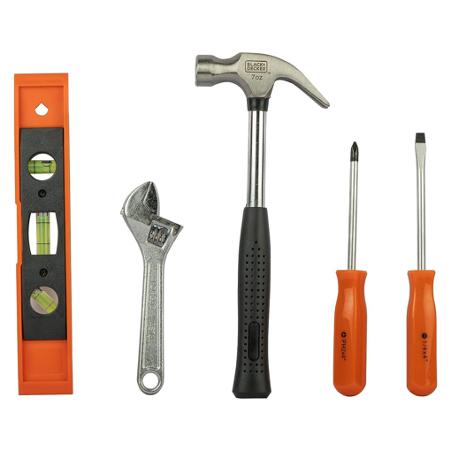 SKS BLACK & DECKER BD75915 5-Pieces Toolkit with Adjustable Wrench, Torpedo Level, Tubular Hammer, Screwdriver & Cross Screwdriver for Home & DIY Use, 6 Months Warranty, ORANGE & BLACK की तस्वीर