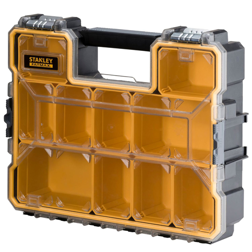 Picture of STANLEY FATMAX 1-97-518 10 Compartment Waterproof Deep Professional Organizer With Metal Latches, IP53 Rated Waterseal, 8 Kg Weight Capacity, Transparent Polypropylene Lid, 43.2x10.9x33 cm