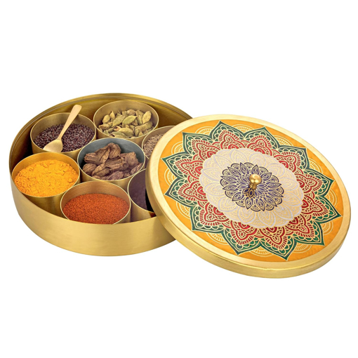 Picture of Pipal Brass Hand painted Masala Box for Kitchen with Spoon | 7 Detachable Containers | Brass Masala Dani For Kitchen | Antique Finish Golden Masala Container/Spice Box for Cooking (9 Inch) (Rasoi Masala Dabba N0. 8 Hand Painted)