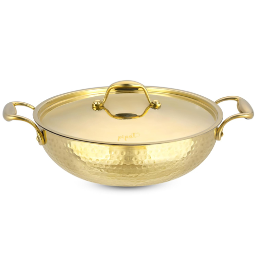 Picture of Pipal Brass Kadhai - 1500 ml | Teflon Free Naturally Non Stick Brass Kadai for Cooking & Serving | Pure Brass Kadhai with Tin Coating | Brass Utensils for Kitchen | with Lid & Handle On Both Side (Glitter Brass Kadhai + lid Gold Hammer 1500ml)