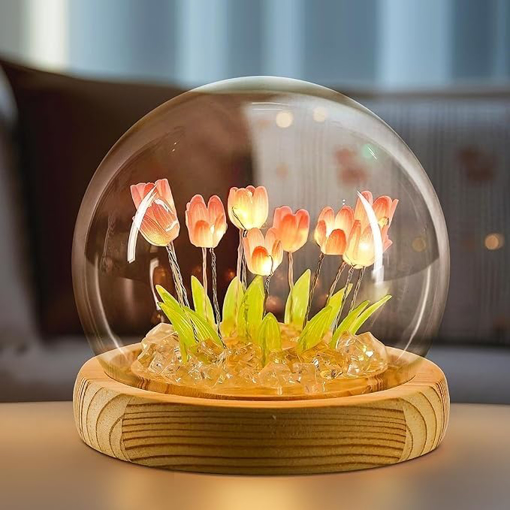 Picture of Desidiya Romantic Tulip Night Light – Elegant LED Ball Lamp with Wooden Base, USB Powered for Home Decor, Soft Pink Glow, Ideal Gift for Loved Ones, 9 DIY Tulip Flowers (Tulip Flower Light)