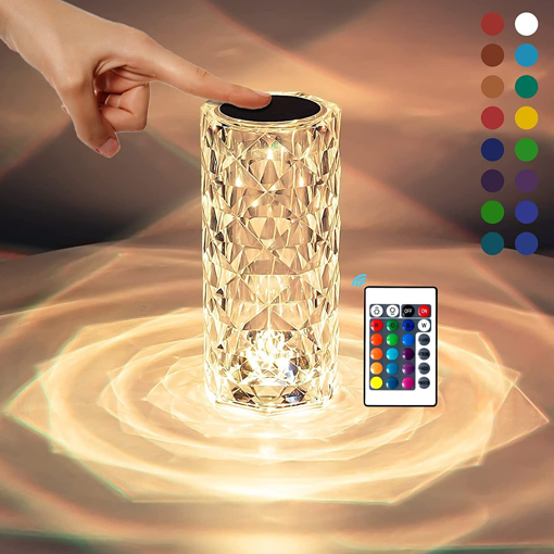 Picture of One94Store Crystal Lamp, 16 Color Changing Rose Diamond Table Lamp, USB Rechargeable Touch Night Lamp with Remote Control for Bedroom, Living Room, Party Decor (Multicolor Pack of 1) LED (Rose Table Lamp)