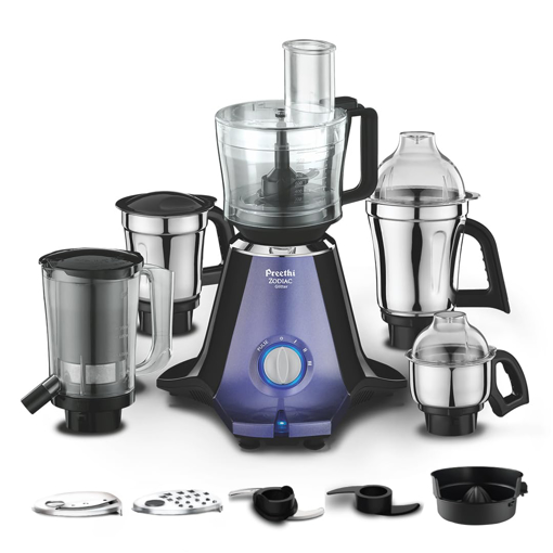 Picture of Preethi Zodiac Glitter MG 264, 750 Watt Mixer Grinder, 5 Jars (3 Stainless steel Jars +1 Juicer Jar+1 Master Chef Plus Food processor Jar), Lavender/Black (Zodiac Glitter - 750W)