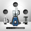 Picture of Preethi Zodiac 2.0 Mixer Grinder for Kitchen, 4 Jars 1000 Watt Mixie - 2 Stainless steel Jars, Super Extractor Juicer Jar & Master Chef Food Processor Jar, Black/Blue (MG-255) (Zodiac 2.0- 1000W)