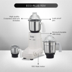 Picture of Preethi Eco Plus MG-138 110V, 550 Watt Mixer Grinder with 3 Jars (0.4L Chutney grinding Jar + 1.0L dry grinding Jar + 1.5L Wet grinding Jar, Stainless Steel) with 5 Yrs Motor warranty, White (Eco Plus - 110V)