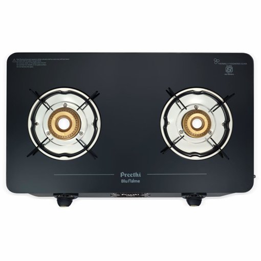 Picture of Preethi Alya Glass Top 2 Burner Gas Stove, Manual Ignition, Black with Bati Stand (Alya - 2B)