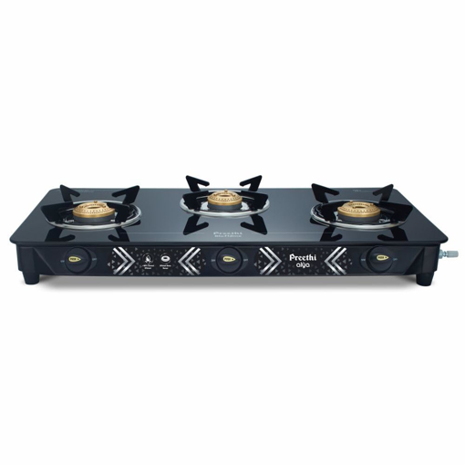 Picture of Preethi Alya Glass Top 3 Burner Gas Stove, Manual Ignition, Black with Bati Stand (Alya - 3B)