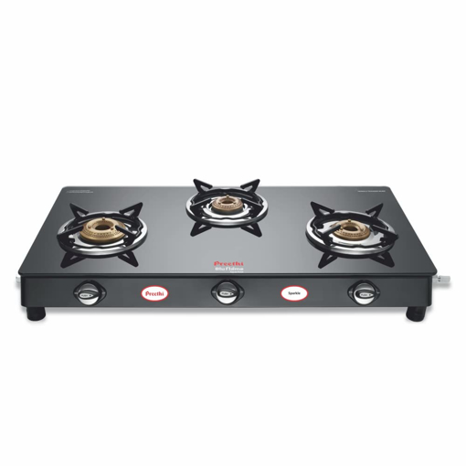 Picture of Preethi Blu Flame Sparkle Glass top 3 Burner Gas Stove, Manual Ignition, Black ((ISI Certified), GTS 104- Sparkle - 3B