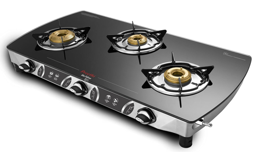 Picture of Preethi Blu Flame Blaze Glass top 3 Burner Gas Stove, Manual Ignition, Black (ISI Certified), GTS 117- Blaze - 3B