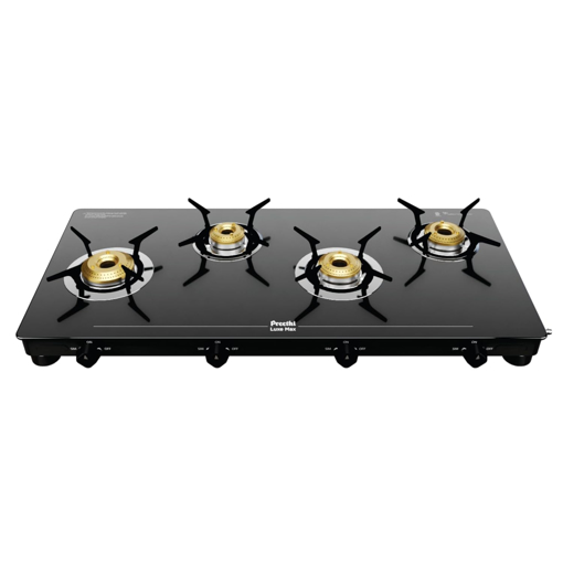 Picture of Preethi Luxe Max 4 Burner Glass Top Gas Stove With Driptray Less Infinity Design, With Jumbo Burner, 5 Year Warranty on Glass & Burner, Manual Design, Black- Luxe Max - 4B