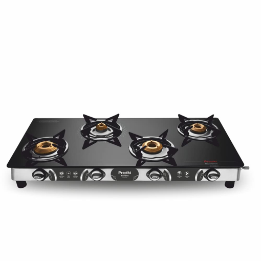 Picture of Preethi Blu-Flame Stainless Steel Jumbo Max Glass Top LPG Gas Stove with 4 Burner (Multicolour) (ISI Certified), Standard, GTS 118 Open- Jumbo/Jumbo Max - 4B