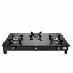 Picture of Preethi Bluflame Sparkle Power Duo 3 Burner Glass top Gas Stove with Power Burner and Swirl flame technology, saves gas and cooks faster, Manual Ignition, Black- Power Deo - 3B