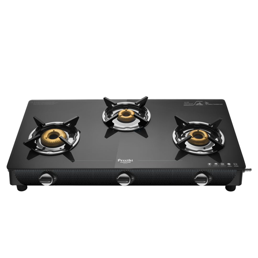 Picture of Preethi Valentino Glass top 3 Burner Gas Stove, Manual Ignition, Black (ISI Approved with Life Time Warranty on Glass & Burner)- Valentino - 3B