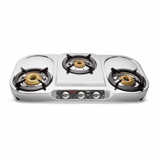 Picture of Preethi Topaz Stainless Steel 3 Burner Gas Stove, Manual Ignition, Silver - topaz - 3B