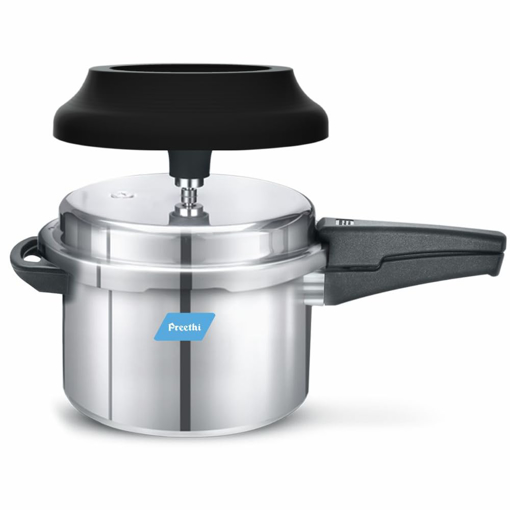 Picture of Preethi Aluminium Outer Lid 5 Litre Pressure Cooker with Spill Splash Shield For Zero Spill and Zero Splash (Induction Base) - Spill Splash Shield - Aluminium 5L