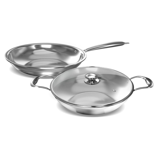 Picture of ‎Preethi Metallica Collection Triply Stainless Steel Set, 26 cm Kadai with Glass Lid, 26 cm Fry Pan, Gas & Induction Compatible, Metal Spatula Friendly - Metallica Triply Series - Combo