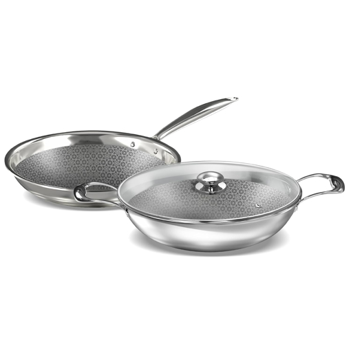 Picture of ‎Preethi Diva Collection Triply Stainless Steel Set with API Technology, 26 cm Kadai, 26 cm Fry Pan, Gas & Induction Compatible,with Glass Lid, Metal Spatula Friendly with 5 Year Product Warranty - Diva Triply Series - Combo