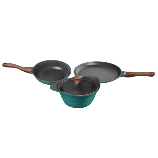 Picture of Preethi Artistic Collection Die Cast Non Stick Set, 27 cm Tawa, 24 cm Fry Pan, Kadai 24 cm with Glass Lid, 5 Star Non Stick Effect, Cook & Serve, Ocean Green - Combo G/B