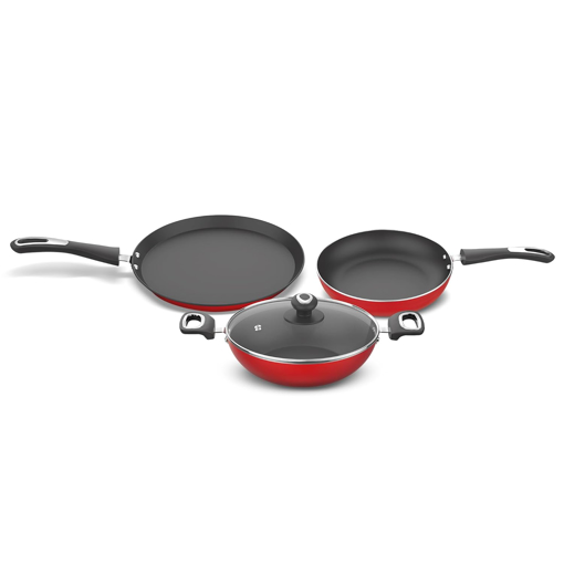 Picture of ‎Preethi Dura Collection Non Stick Set, 28 cm Tawa, 26 cm Frying Pan, 26 cm Kadai, with Glass Lid, Gas & Induction Compatible, 5 Star Non Stick Effect, Chilly Red - Combo Y/R