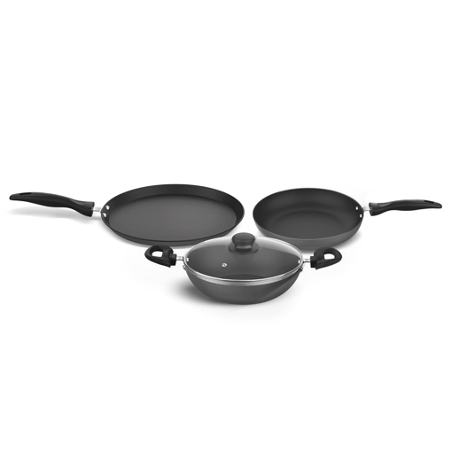 Picture of ‎Preethi Daily Collection Non Stick Set, 28 cm Tawa, 24 cm Fry Pan, Kadai 24 cm, with Glass Lid, 5 Star Non Stick Effect, Grey - Combo