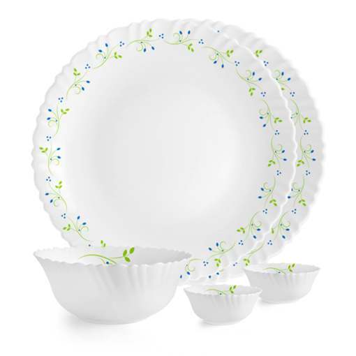 Picture of Cello Opalware Dazzle Tropical Lagoon 5 Units | Opal Glass Dinner Set for 2 | Light-Weight, Daily Use Crockery Set for Dining | White Plate and Bowl | White - Dinner set (5pcs)