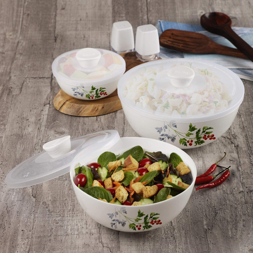 Picture of CELLO Opalware Royale Mixing Bowls with Lids - 3 Units, Blooming Garden, White - Mixing Bowl Set (3pcs)