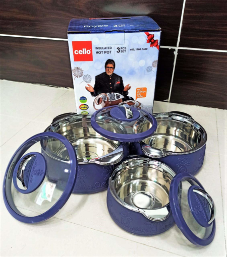 Picture of CELLO Royale Combo of 3, Casseroles with Insulated Stainless Steel and Glass Lid (Capacity - 600+1100+1600ml, Purple) - Royale 3 pcs set