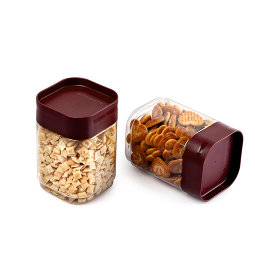 Picture of CELLO Modustack Square Plastic Containers | Air Tight Lid and Stackable | For Storage of Food, Pulses, Spice, Cereals, Cookies, Dry Food | Set of 2, 750ml, Maroon