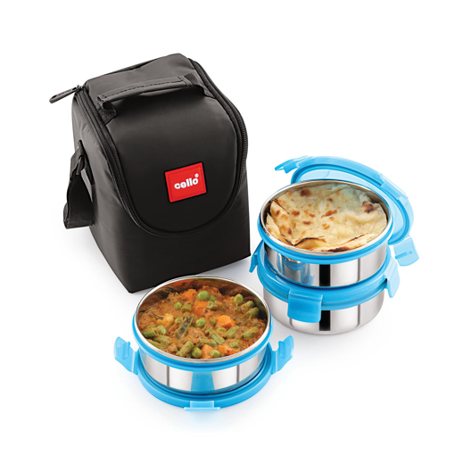 Picture of CELLO MF Click 3 Plus Stainless Steel Lunch Box Set, 475ml, 3 Unit, Blue - Click 3 steel plus