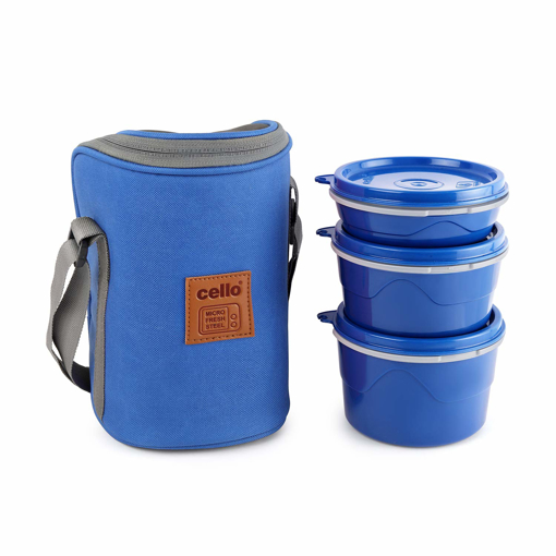 Cello MF Hot Wave Stainless Steel 3 Container Lunch Box with Soft Fabricated Bag, 225ml, 375ml and 550ml, Blue - Hot wave 3 की तस्वीर