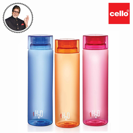 Picture of CELLO H2O Round Unbreakable Plastic Water Bottle | Lid is sealed by a silicone ring | Leak proof & break-proof | Best Usage for Office/School/College | 1 Liter | Assorted, Set of 3 - H2O Round 500ml