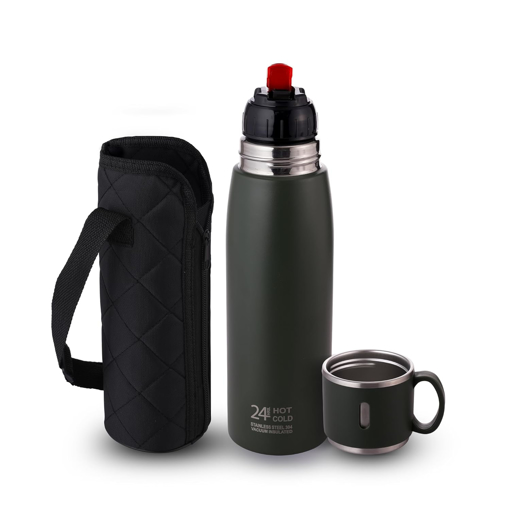 CELLO Duro Cup Style Thermosteel Flask, 750ml, Military Green | 24 Hours Hot & Cold Bottle | Dual Purpose Cup & Cap| Flask for tea coffee | Ideal For Office, Gym, Home, Kitchen,Trekking, Travel Bottle की तस्वीर