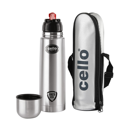 Picture of Cello Flipstyle Thermosteel Flask with Thermal Jacket 500ml, Silver | 24 Hours Hot & Cold Water Bottle | Flask for Tea Coffee | Rust & Leak Proof | Ideal for Office, Gym, Home, Kitchen, Travel Bottle - Flip style 500ml