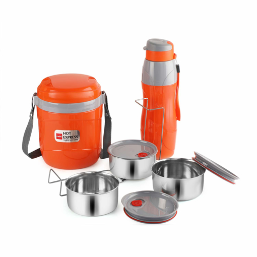 Picture of CELLO Lunch Express Insulated Tiffin and Water Bottle, Orange (Plastic) | Stainless Steel Tiffin 3 Units | Hot and Cold Water Bottle | Ideal for Office, Travel - Lunch express 2pcs gift set