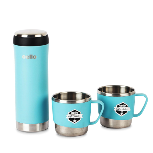 Cello My Cup Vacusteel Flask with Mugs Gift Set | Leak-Proof Design & Rust-Resistant Flask | Ideal for Coffee, Tea, Hot Chocolate, or Iced Beverages | 3 Unit, Blue - Welcome 3pcs Gift set (vacusteel carafe with mugs) की तस्वीर