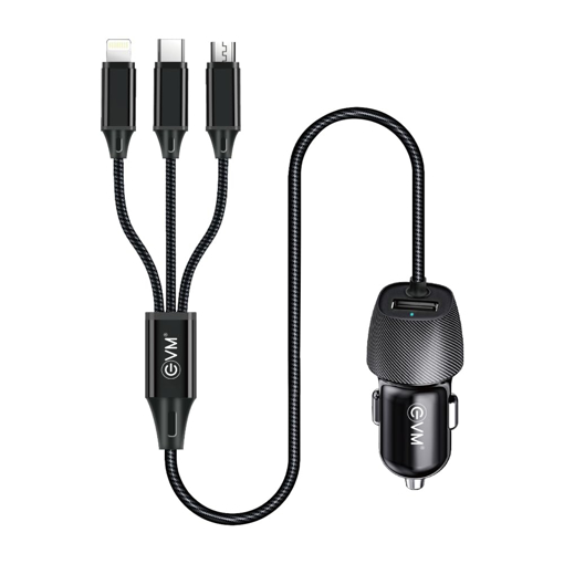 EVM EnPlug 3in-1 Car Charger - Built-in Cable (Micro USB, Type-C, Lightn-ing) + USB Port, Fast Charging for Smartphones - 1 Year Warranty (EVM-CCR-02) - EVM(CC)17W3IN1ENPLUGCCR-02CARCHARGER की तस्वीर