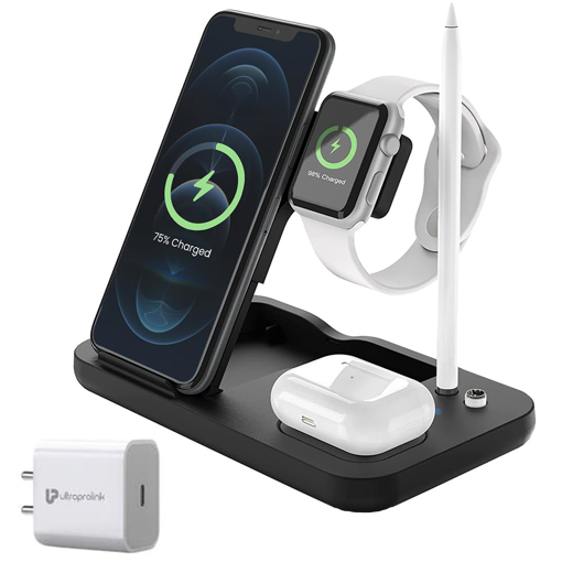 UltraProlink 4 in 1 Wireless Fast Charger 15W Slim Foldable Charging Dock Station | Comes with Charger PD20W, Black | USB Type C| Compatible with Smartphones,iPhone,Airpods,Watch | UM1006N - UPL(WCH)UM1006NDOCK15 की तस्वीर