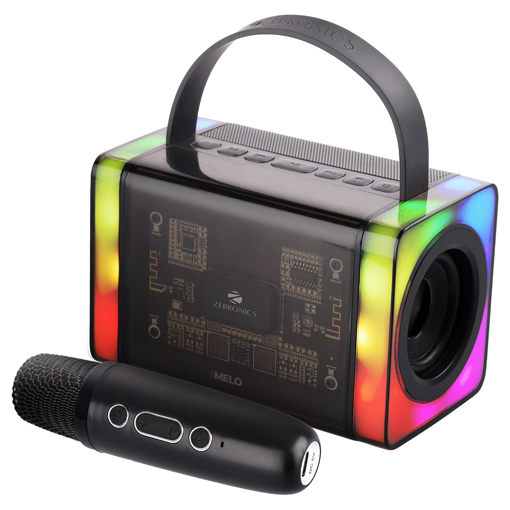 Picture of ZEBRONICS MELO Portable Bluetooth Speaker with 15W Output, USB, mSD, AUX, RGB, 10h Battery Backup, Passive Radiator, Voice Changing Wireless Mic, Remote Control with Integrated Mic - ZEBRONICS(BTS)MELO