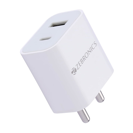 Picture of Zebronics MA106B Type C + USB Charger, Dual Output, 20W max, Multi Protocol, for iPhone | Android Smartphones | Tablets, PD 3.0 Adapter, Rapid Charge, Wide Voltage Support, Built in protections - ZEBRONICS(CH)MA106BADAPTER